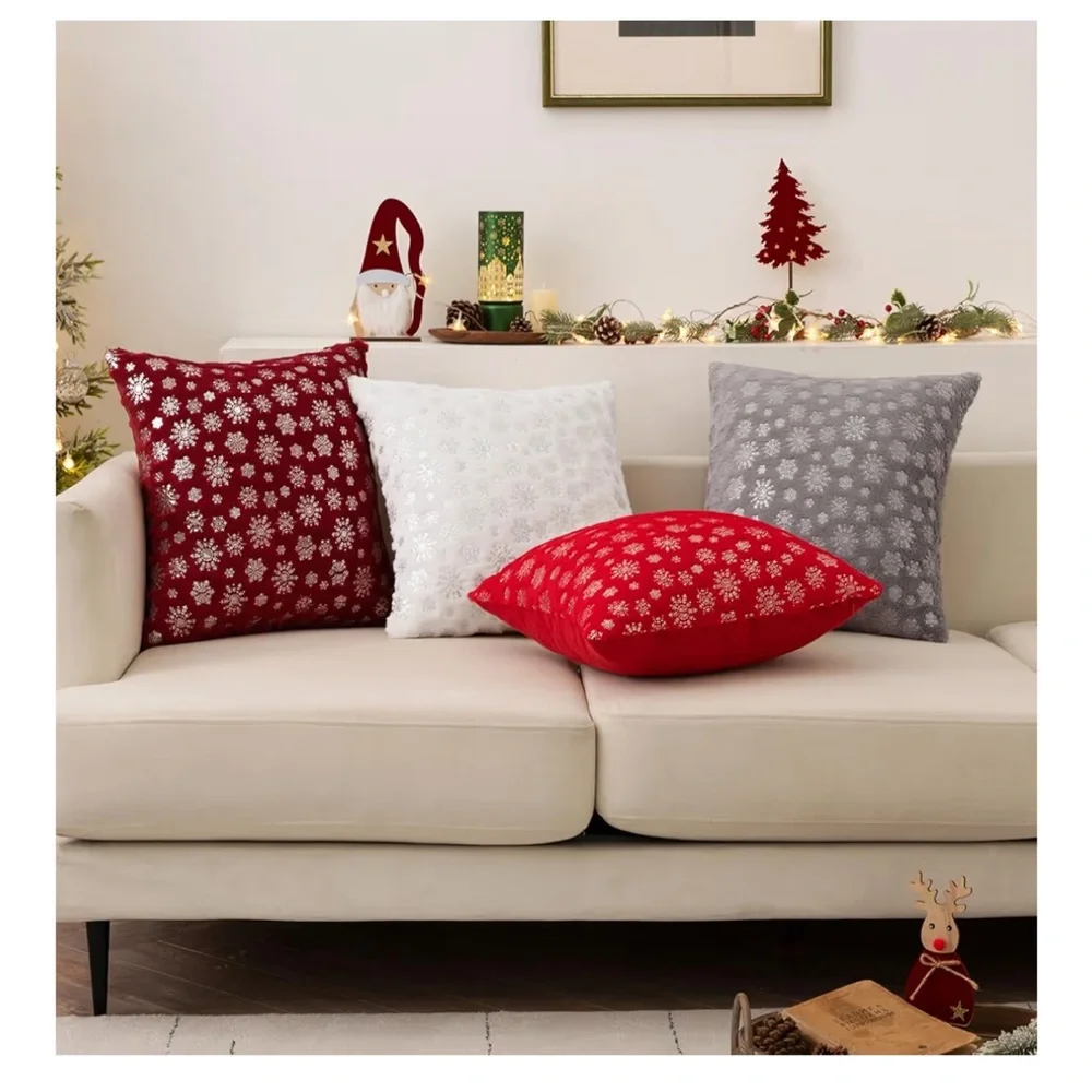 Snowflake Faux Fur SQUARE Pillow Covers RED/SILVER 18x18” (2-Pack)
